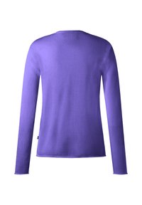 Langærmet lilla sweatshirt vist fra bagfra med rund halsudskæring og et lille sort mærke i den nederste side.