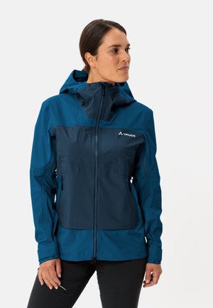 Waterproof dark blue jacket with hood, featuring zippered pockets and an adjustable fit. Made of smooth, lightweight material.