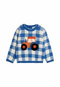 Blaue und weiße karierte Kindersweatshirt mit einer orangen Traktor-Applikation in der Mitte. Lange Ärmel und runder Halsausschnitt.