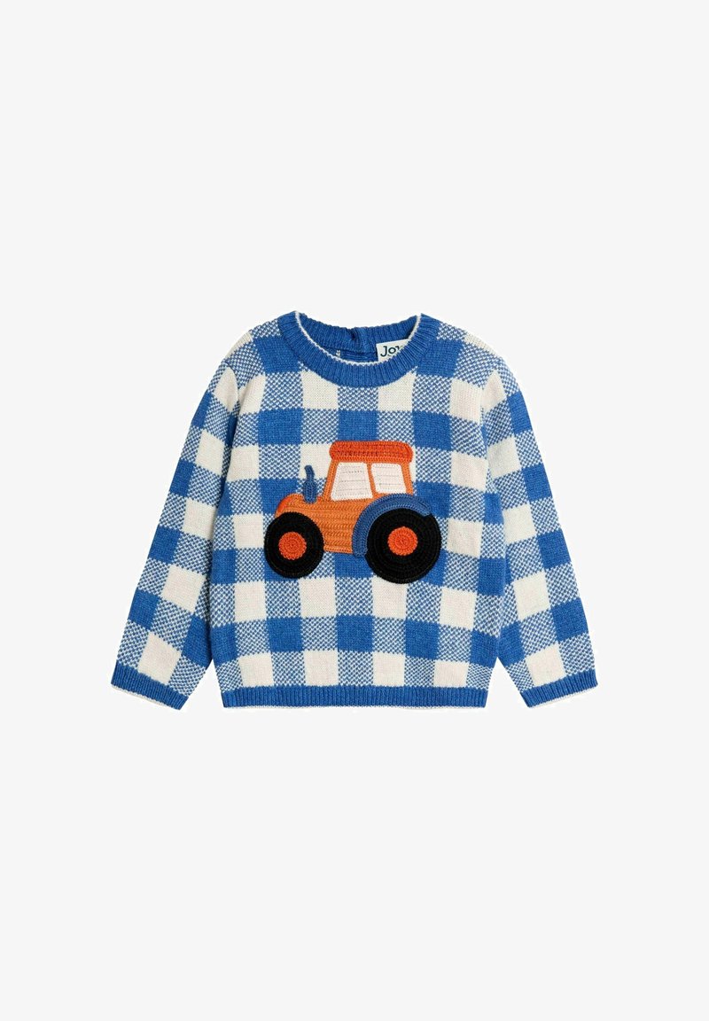 Blaue und weiße karierte Kindersweatshirt mit einer orangen Traktor-Applikation in der Mitte. Lange Ärmel und runder Halsausschnitt.