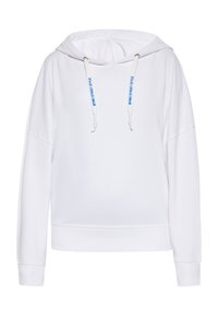 Felpa bianca con cappuccio e fit rilassato, con cordini e testo blu, polsini a costine e orlo corto. Materiale morbido e liscio.