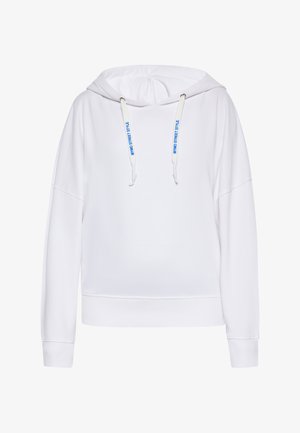 Biała bluzą z kapturem o luźnym kroju, ze sznurkiem i niebieskim napisem, z prążkowanymi mankietami i skróconym dołem. Miękki, gładki materiał.