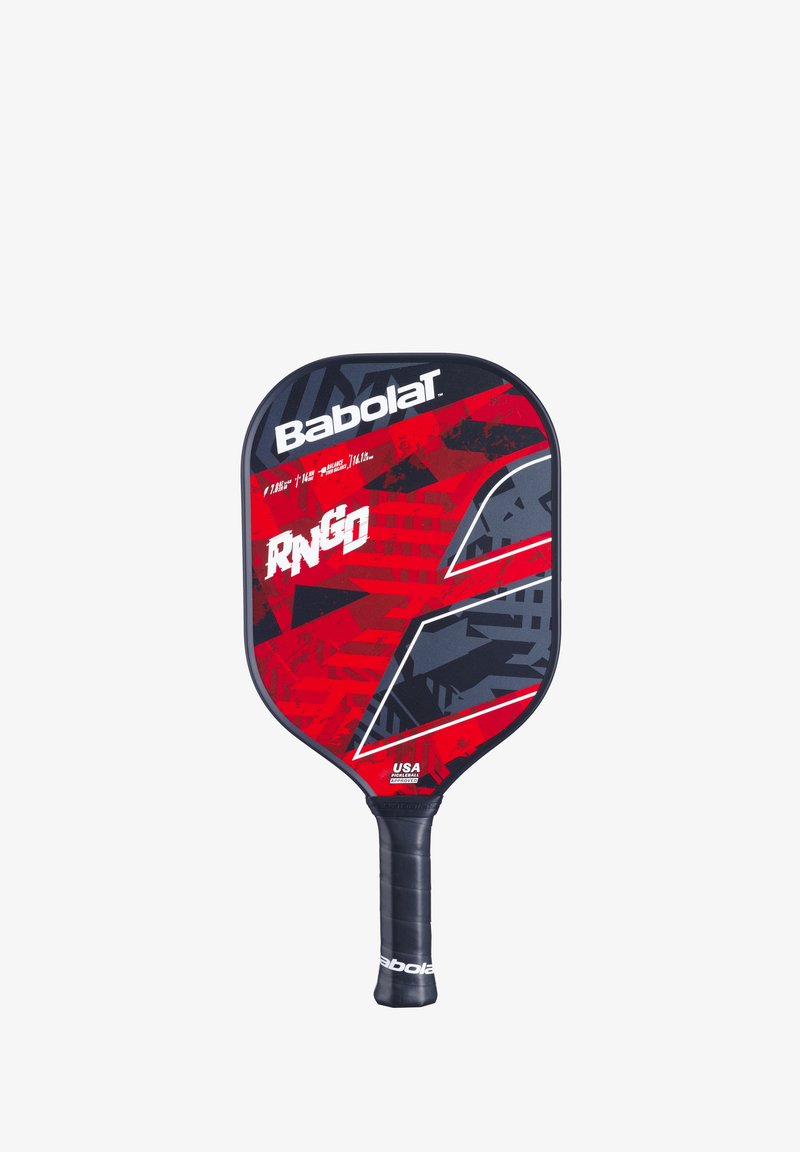 Babolat RNGD padel med et rødt, sort og gråt geometrisk design. Har et struktureret greb og en afrundet hoved for forbedret spiloplevelse.