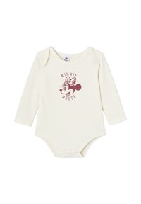 Long-sleeve baby bodysuit in cream fabric with snap closure. Features a maroon Minnie Mouse graphic printed on the front. Soft cotton material.