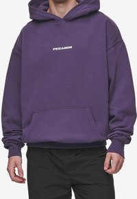 Felpa con cappuccio viola realizzata in misto cotone, con tasca frontale e logo bianco "PEGADOR" centrato sul petto.