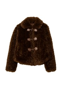 Hnědý kožich s límcem, třemi zapínán�ími na knoflíky a kratší délkou. Texturovaný, plyšový materiál s jemným vzhledem.