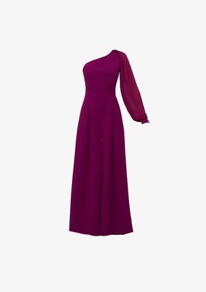 Vienos peties kombinezonas sodrios magentos spalvos. Modelis turi prigludusią liemenį, lengvą permatomą rankovę ir plačias kelnes su priekinėmis klostėmis.