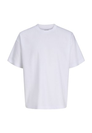 Prosty biały t-shirt z krótkim rękawem i okrągłym dekoltem, przedstawiony na białym tle, widok z przodu bez widocznych logo lub wzorów.