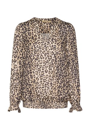 Leopard print blouse with long sleeves, v-neckline, and gathered cuffs. Soft fabric in beige and dark brown tones, elastic hem.