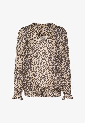Leopard print blouse with long sleeves, v-neckline, and gathered cuffs. Soft fabric in beige and dark brown tones, elastic hem.