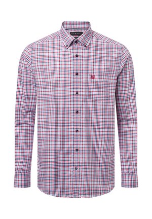 Karierte Hemd in Rot, Blau und Weiß. Mit Button-down-Kragen, langen Ärmeln und Brusttasche. Hergestellt aus gewebtem Stoff mit glatter Textur.