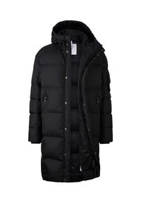 Sort dunjakke med hætte, der har lynlås, trykknapper og sidelommer. Polstret tekstur og knælængde design.