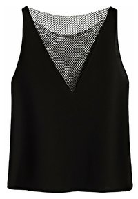 Top sans manches noir mettant en valeur un décolleté en V avec une couche en maille au niveau du col. Texture lisse avec une coupe décontractée.