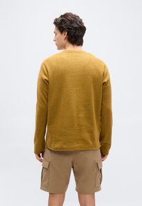 Άνδρας με κοντά καστανά μαλλιά που φοράει μια μουσταρδί κίτρινη υφασμάτινη μακρυμάνικη μπλούζα και μπεζ σορτς cargo, γυρισμένος πλάτη σε απλή φόντο.