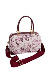 Blumenhandtasche mit einem hellrosa Grundton, burgunderfarbenen Akzenten, goldenen Beschlägen und doppelten Griffen. Verstellbarer burgunderfarbener Riemen enthalten.