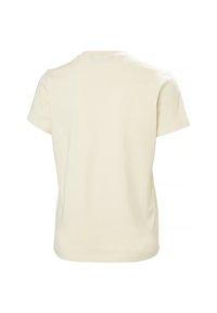 Camiseta beige lisa de manga corta mostrada desde atrás sobre un fondo blanco.