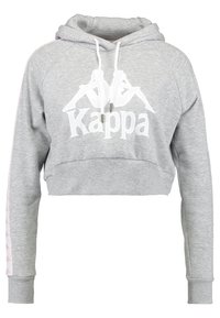 Felpa corta grigia realizzata in un tessuto morbido, con il logo Kappa bianco e una grafica stilizzata, impreziosita da strisce rosa lungo le maniche.