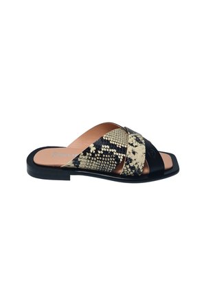 Sandalo flat con suola nera e due ampie fasce incrociate beige e nere con stampa effetto serpente.