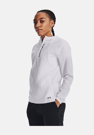 White zip-up jacket with a hood, featuring a logo on the left side and black accents, made of smooth, lightweight material.