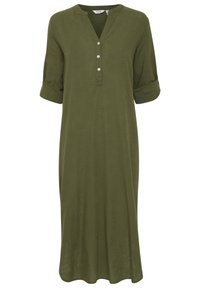 Robe en lin vert olive avec un col en V, trois boutons et des manches retroussées. Forme fluide, longueur genou, texture lisse.