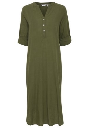 Alyvuogių žalia lininė suknelė su V formos iškirpte, trimis mygtukais ir sukti rankovėmis. Laidžioji forma, iki kelių, sklandi tekstūra.