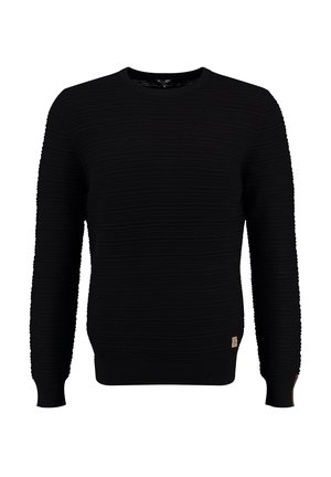 Suéter negro con un diseño texturizado y de canalé, cuello redondo y mangas largas. Presenta un pequeño parche de cuero con la marca en la parte inferior.