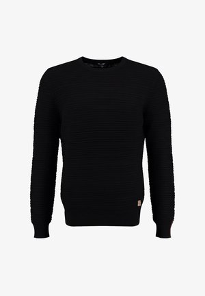 Pull noir avec un design texturé et côtelé, col rond, et manches longues. Présente une petite étiquette en cuir de marque en bas.