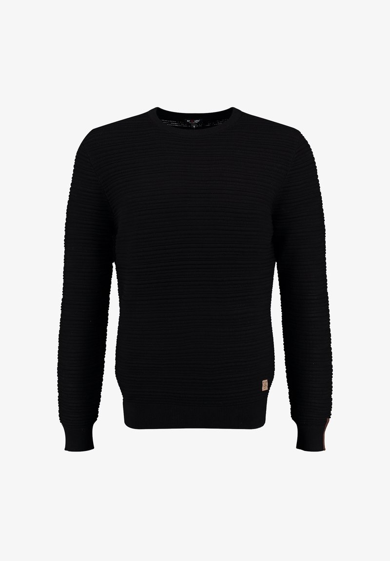 Maglione nero con un design testurizzato e a coste, scollatura rotonda e maniche lunghe. Presenta una piccola etichetta in pelle con logo sul fondo.