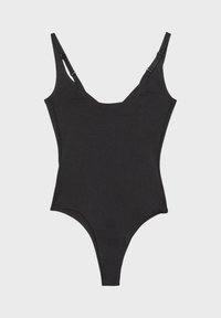 Body une pièce noir avec bretelles ajustables et encolure dégagée, posé à plat sur un fond clair.