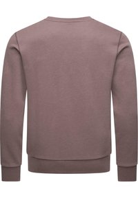 Pudrowy, fioletowy sweatshirt, z okrągłym dekoltem, długimi rękawami, ściągaczami na rękawach i na dole. Miękka tkanina, gładka tekstura i minimalne detale szwów.