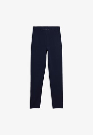 Leggings azul marino con cintura elástica, corte recto y tela suave, extendidos sobre un fondo blanco.