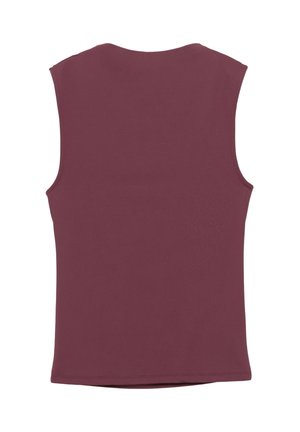 Mouwloze top in diep bordeaux stof, met een ronde halslijn en een gladde textuur met een rechte zoom, zonder verdere details.