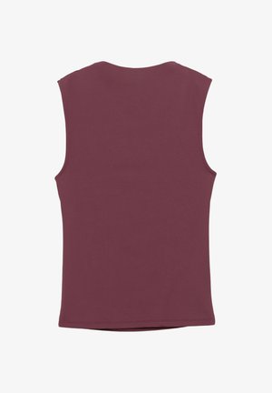 Hihaton paita syvässä burgundinvärisessä kankaassa, jossa on pyöreä kaula-aukko ja sileä pinta, suora helma, ilman lisäyksiköitä.