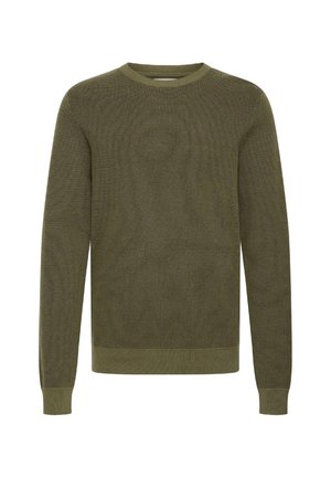 Olivgrüner, gestrickter Pullover mit Rundhalsausschnitt, langen Ärmeln, gerippten Bündchen und Saum, der ein durchgehendes Texturmuster aufweist.