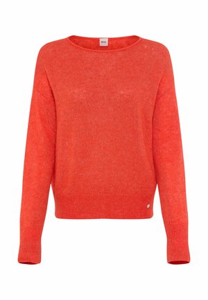Roter Pullover aus weichem, strukturiertem Stoff. Verfügt über einen Rundhalsausschnitt, lange Ärmel und ein kleines Logo-Highlight am Saum.
