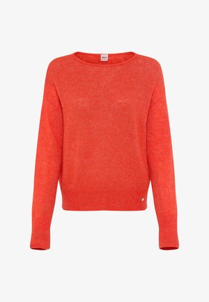 Rode trui van zacht, gestructureerd materiaal. Heeft een ronde halslijn, lange mouwen en een klein logo-accent aan de zoom.