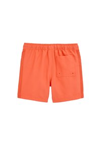 Oranžni plavalni kratki hlači z elastičnim pasom, s stranskim žepom in mrežastimi stranskimi paneli za dodano teksturo in detajle.