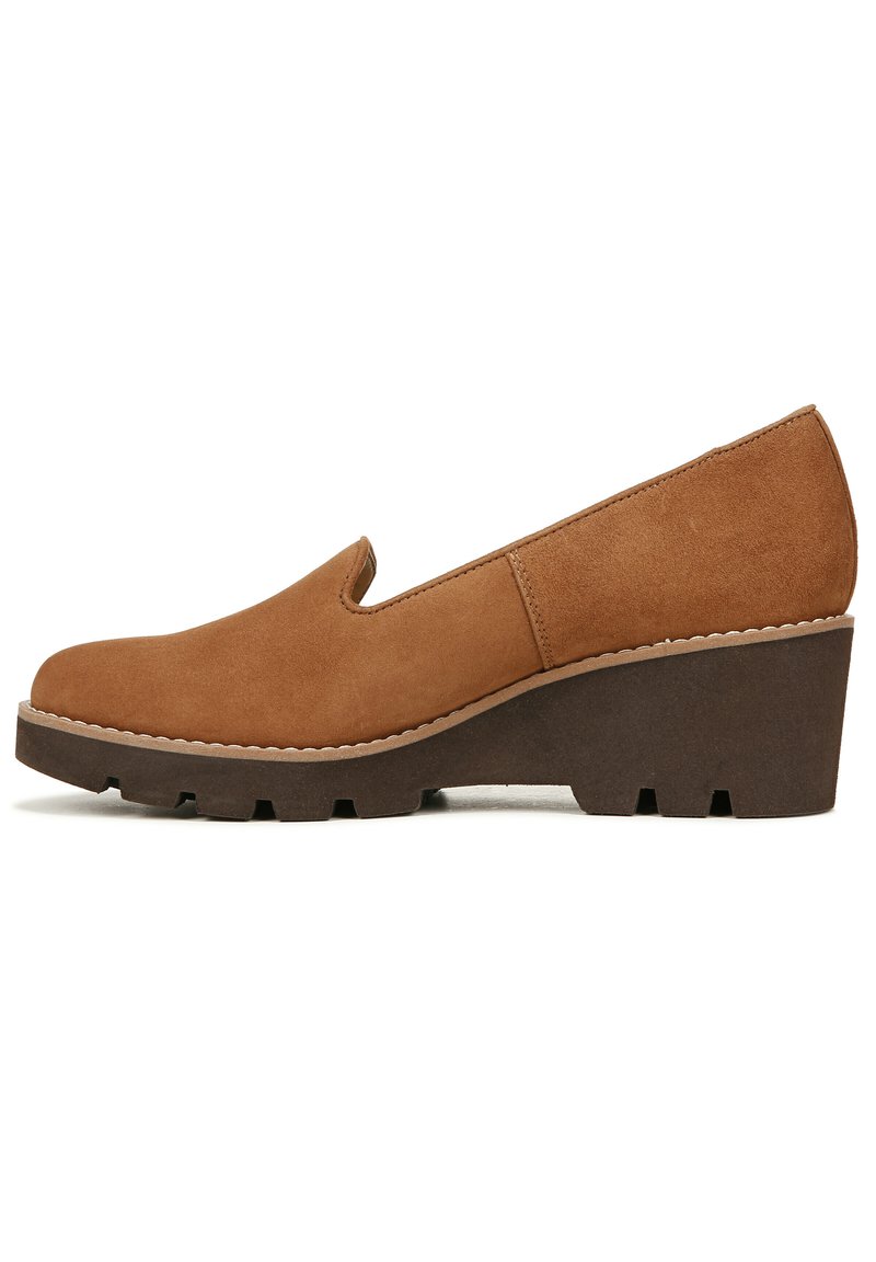 Brown suede wedge shoe with a smooth finish, rounded toe, and a cut-out design. Thick brown rubber sole with traction detailing.