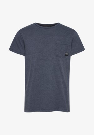 Temno modra kratka majica z rahlo teksturirano tkanino, z žepom na prsih in oznako. Oblika s krojačkim vrhom.