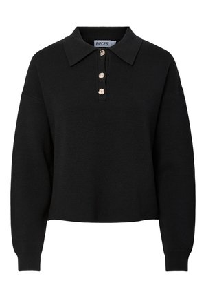 Czarny pulower z kołnierzykiem, trzema ozdobnymi guzikami i długimi rękawami. Wykonany z miękkiej, teksturowanej tkaniny. Krótki fason.