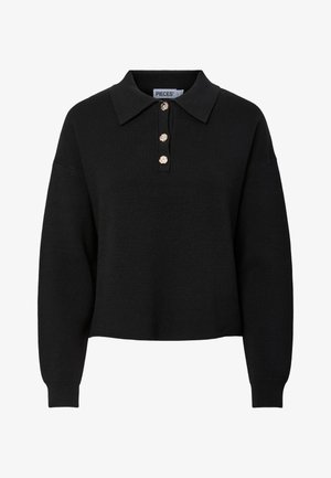 Czarny pulower z kołnierzykiem, trzema ozdobnymi guzikami i długimi rękawami. Wykonany z miękkiej, teksturowanej tkaniny. Krótki fason.