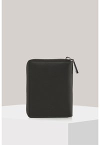 Black leather wallet with a zip closure, square shape, smooth texture, and a subtle logo embossed on the front.