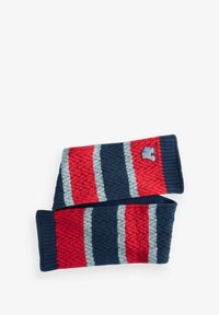 Knitted arm warmers in red, navy, and grey with a chevron pattern and ribbed cuffs. Features a small logo on one cuff.