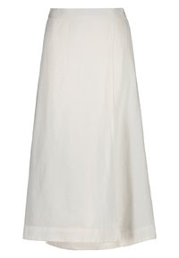 Jupe midi en lin blanc avec un design enveloppant, texture lisse et fermeture latérale dissimulée. Présente une silhouette épurée et classique.