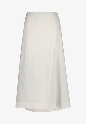 Jupe midi en lin blanc avec un design enveloppant, texture lisse et fermeture latérale dissimulée. Présente une silhouette épurée et classique.