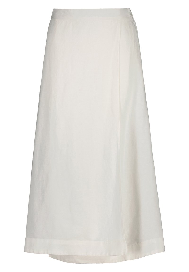 Jupe midi en lin blanc avec un design enveloppant, texture lisse et fermeture latérale dissimulée. Présente une silhouette épurée et classique.