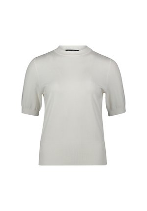 Korte mouwen, hoge hals, witte gebreide top met een iets losse pasvorm en geribbelde details bij de manchetten en de zoom. Zachte textuur.