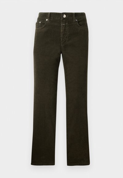 Straight-leg, dark olive green corduroy pants with a five-pocket design, metal button, and zip fly. Soft texture with visible cord pattern.