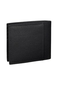 Cartera de cuero negro con acabado texturizado, forma rectangular y una ranura única para tarjetas en el frente para facilitar el acceso a las tarjetas.