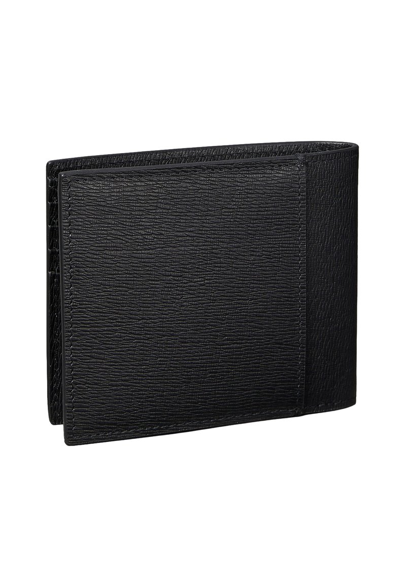 Portafoglio in pelle nera con finitura testurizzata, forma rettangolare e una singola fessura per carte sul davanti per un facile accesso.